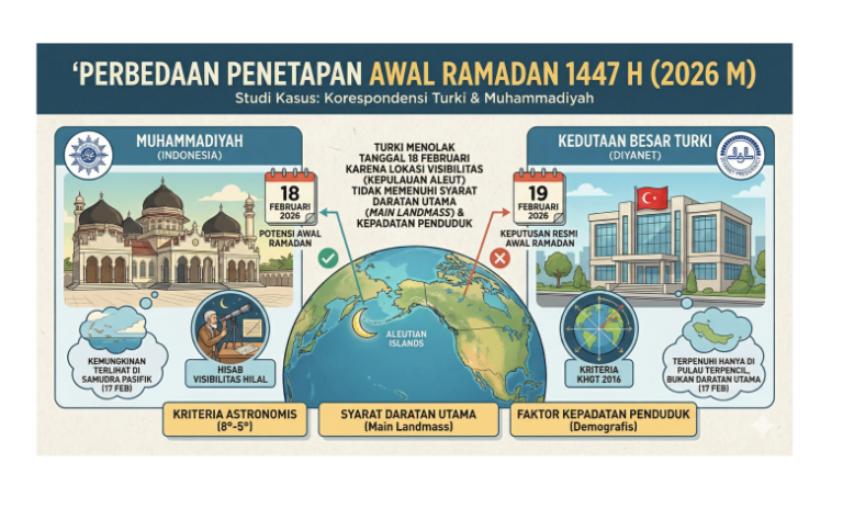 Visualisasi pergerakan bulan dan peta visibilitas hilal global untuk penetapan Ramadan 1447 H.