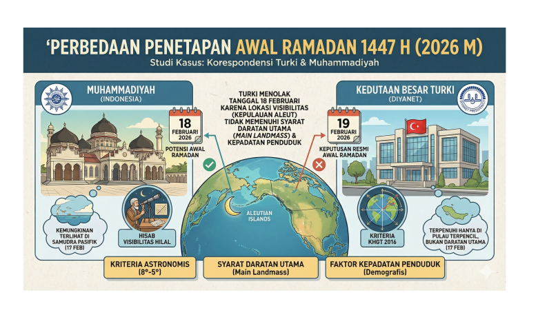 Visualisasi pergerakan bulan dan peta visibilitas hilal global untuk penetapan Ramadan 1447 H.
