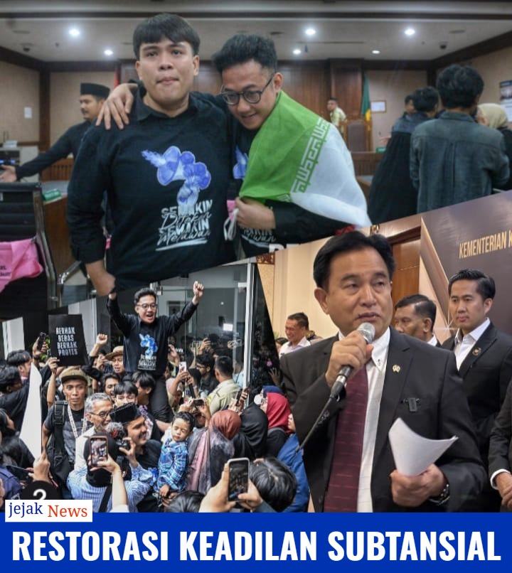 Delpedro Marhaen bersama kuasa hukumnya saat keluar dari gedung pengadilan dengan raut penuh kelegaan.