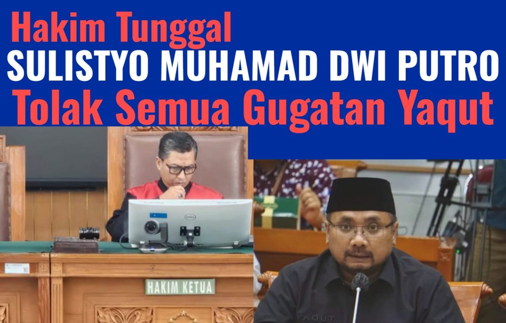 Foto suasana sidang pembacaan putusan praperadilan Yaqut Cholil Qoumas di PN Jakarta Selatan yang dipenuhi awak media dan aparat keamanan.