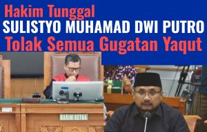 Foto suasana sidang pembacaan putusan praperadilan Yaqut Cholil Qoumas di PN Jakarta Selatan yang dipenuhi awak media dan aparat keamanan.