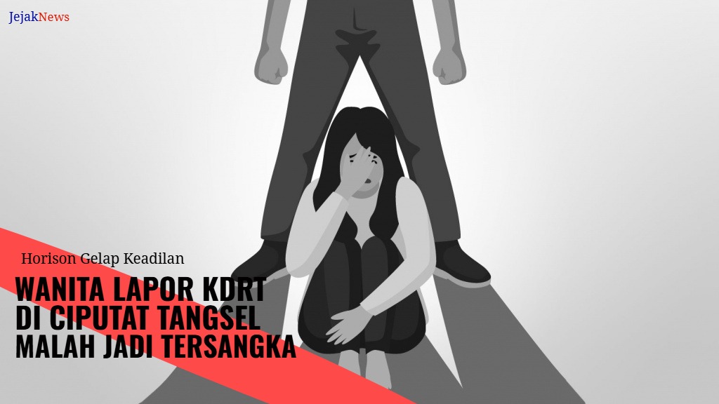 Visualisasi simbolis dewi keadilan yang matanya tertutup namun timbangannya miring, dengan latar belakang kantor polisi.