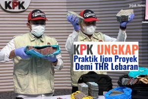 Konferensi pers KPK yang memperlihatkan barang bukti uang tunai dan para tersangka berbaju oranye dalam kasus suap Bupati Rejang Lebong.