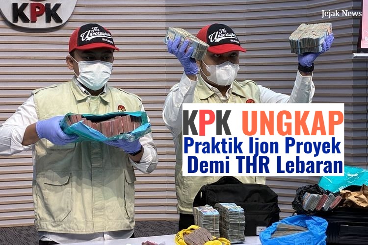 Konferensi pers KPK yang memperlihatkan barang bukti uang tunai dan para tersangka berbaju oranye dalam kasus suap Bupati Rejang Lebong.