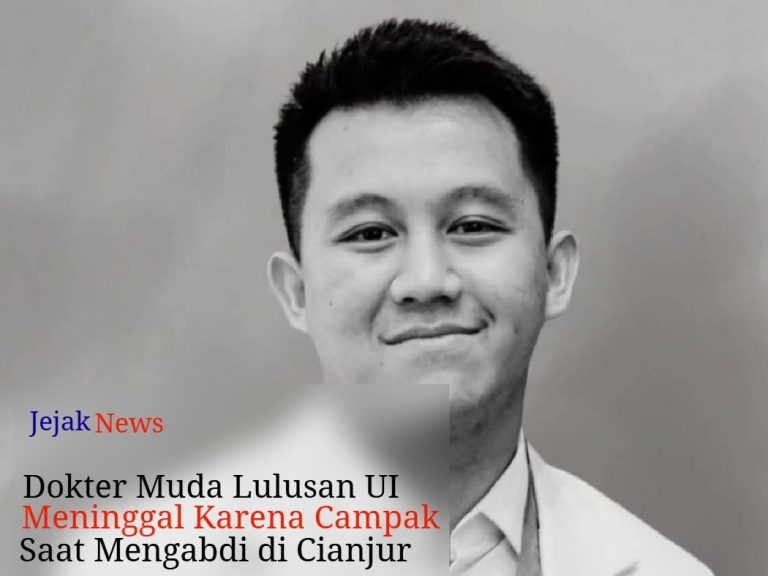 Foto penghormatan terakhir untuk dokter muda dengan latar belakang fasilitas kesehatan dan infografis pencegahan campak pada orang dewasa.