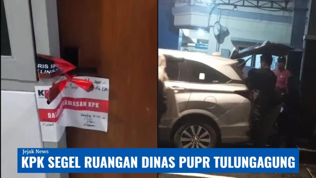 Foto pintu masuk kantor dinas dengan segel merah KPK bertuliskan dilarang merusak tanpa izin penyelidik.