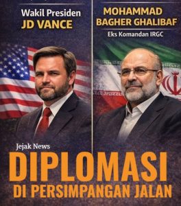 delegasi Amerika Serikat dan Iran duduk berhadapan di meja perundingan panjang di Islamabad, Pakistan, dengan latar belakang bendera ketiga negara.