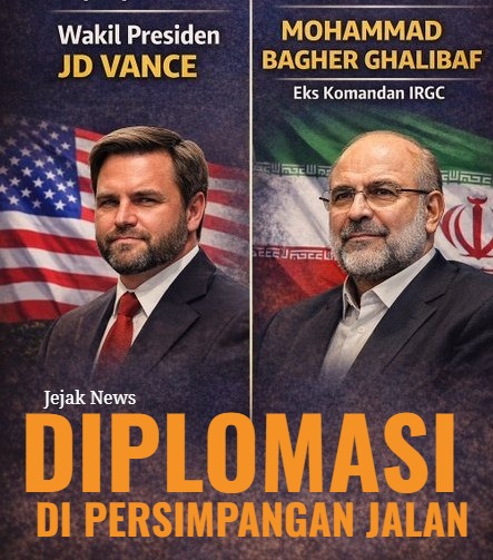 delegasi Amerika Serikat dan Iran duduk berhadapan di meja perundingan panjang di Islamabad, Pakistan, dengan latar belakang bendera ketiga negara.