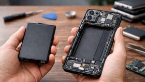 Visualisasi desain purwarupa smartphone masa depan dengan modul baterai yang dapat dilepas melalui pengait kecil tanpa merusak estetika perangkat.