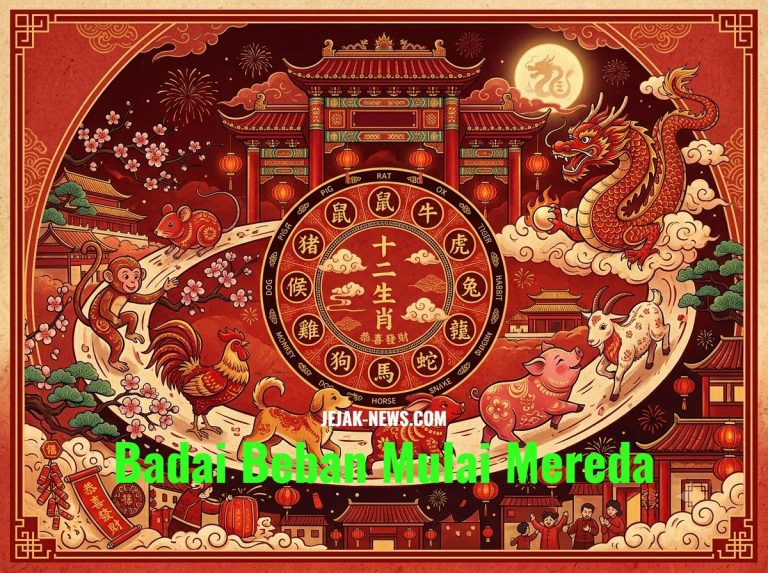 Ilustrasi koin emas, benang merah, dan simbol astrologi Tiongkok di bawah pancaran cahaya fajar yang sejuk.