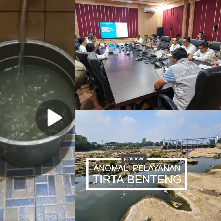 Bak penampungan instalasi pengolahan air bersih Perumda Tirta Benteng dan keluhan warga mengenai air keruh di wilayah Periuk Damai Tangerang.