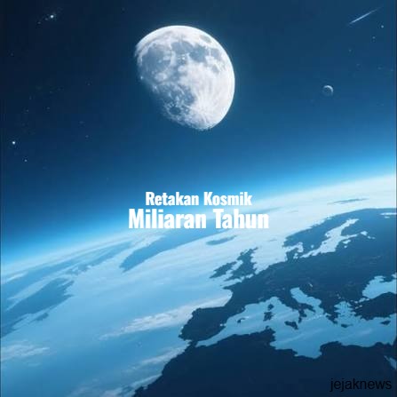 Ilustrasi grafis pergeseran orbit elips Bulan yang perlahan menjauh dari planet Bumi akibat gaya pasang surut air laut.