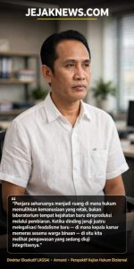 Potret Direktur Eksekutif LKGSAI Armand saat memberikan kajian hukum eksternal terkait akuntabilitas tata kelola lembaga pemasyarakatan dan pelayanan publik.