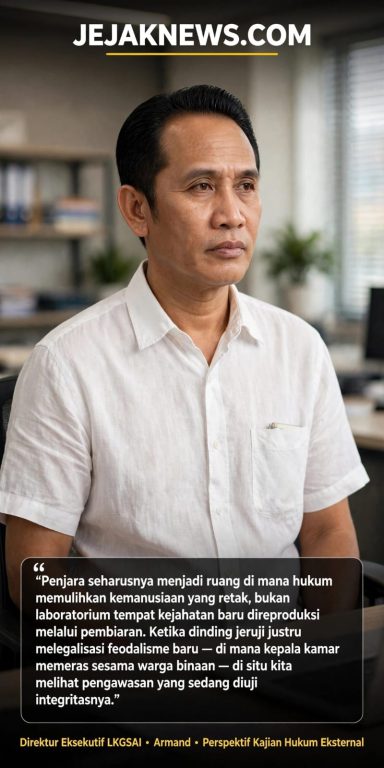 Potret Direktur Eksekutif LKGSAI Armand saat memberikan kajian hukum eksternal terkait akuntabilitas tata kelola lembaga pemasyarakatan dan pelayanan publik.